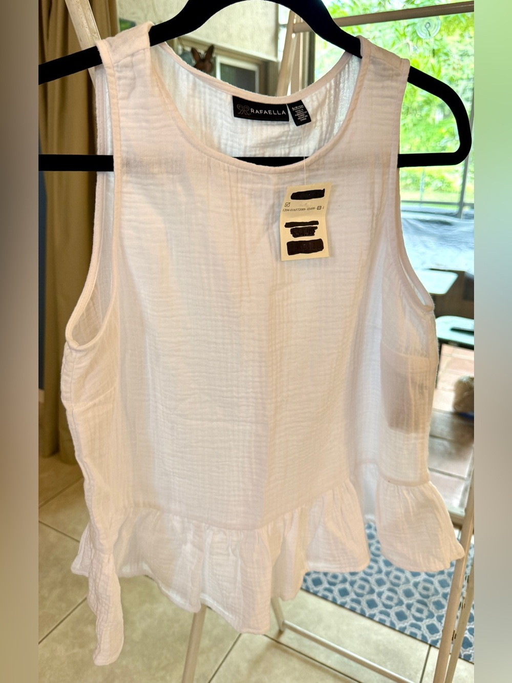 Rafaella White Ruffled Hem Sleeveless Tank gauzy white linen.